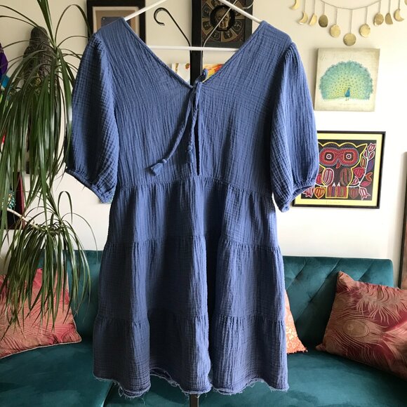 AERIE size L Blue Gauzy Cotton Tiered Peasant Mini Dress Boho Bohemian - Picture 3 of 4
